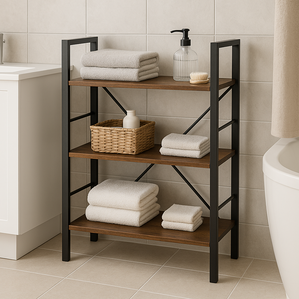 Multifunction Bookcase 3 Tier Rustic Wood Steel Storage Shelf Organizer