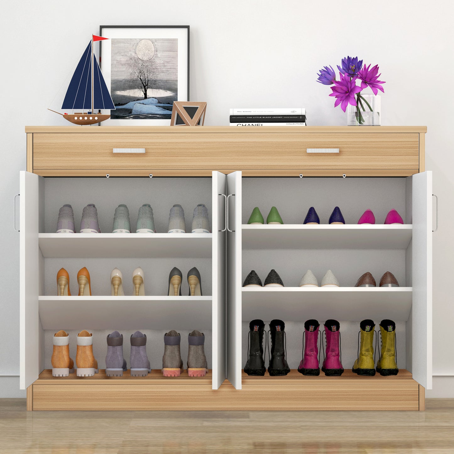 Elements 4-Door Double Buffet Shoe Storage Cabinet (White)