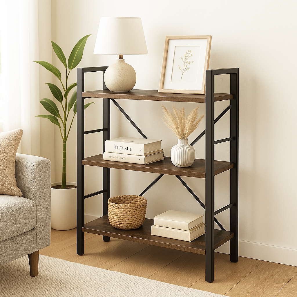 Multifunction Bookcase 3 Tier Rustic Wood Steel Storage Shelf Organizer