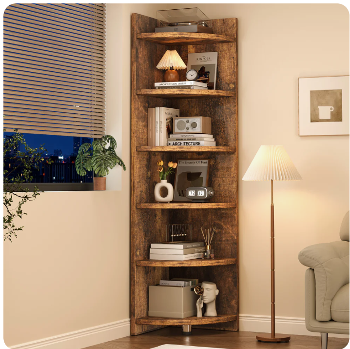 Inspire 6 Tier Large Stylish Rustic Wooden Corner Shelf Unit