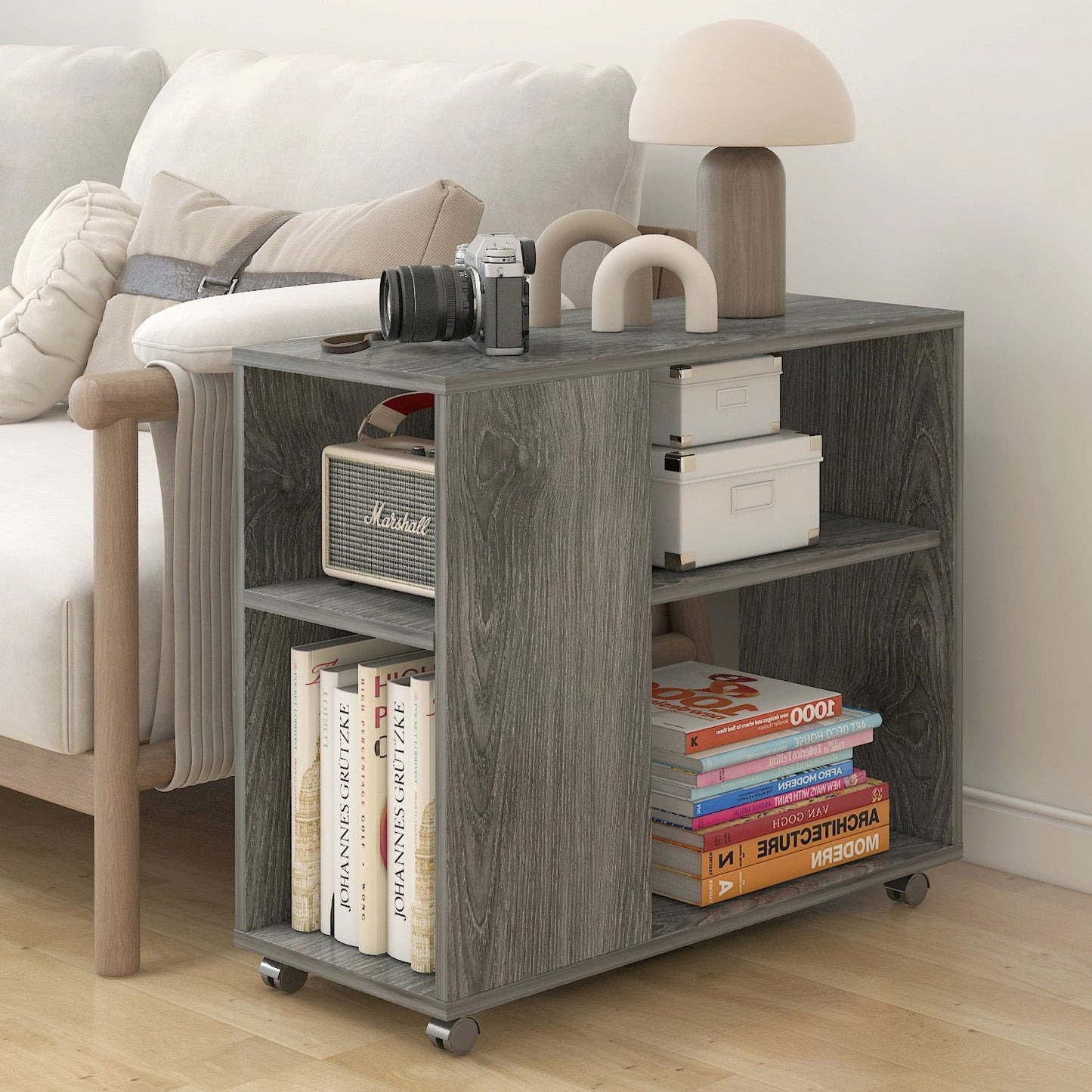 Versatile Sofa Side Table & Magazine Shelf with Casters (Driftwood Grey)