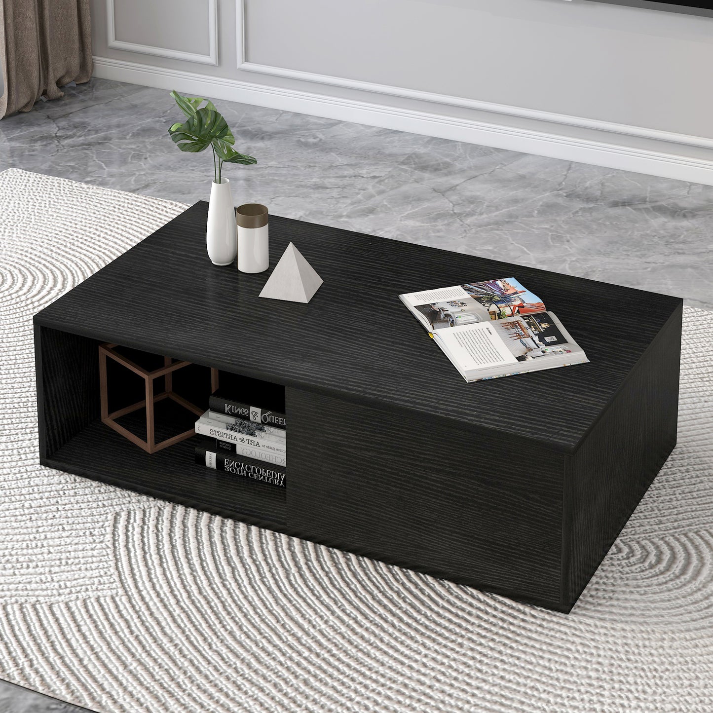 2-Piece Set Lusso Designer Wooden Coffee Table & 2.4m TV Cabinet (Black)