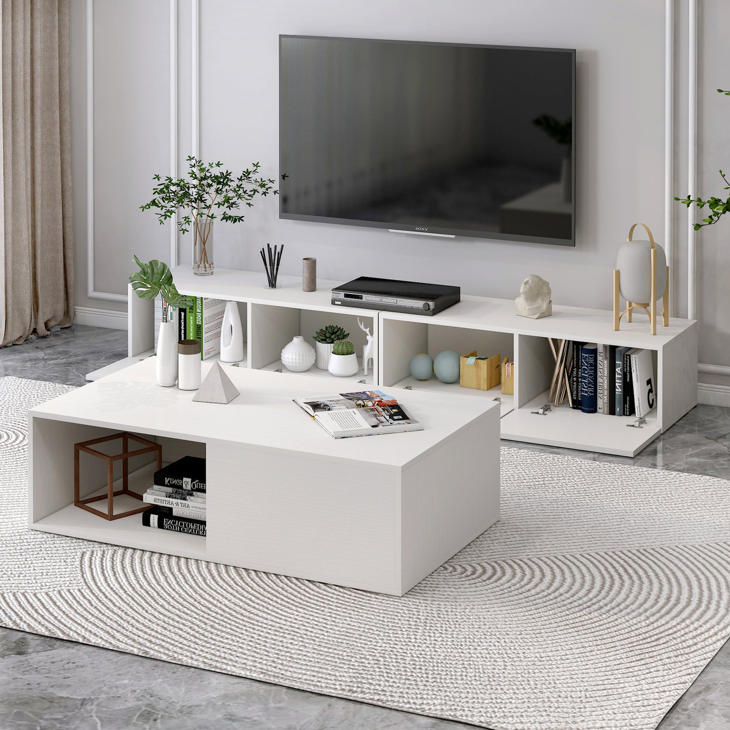 2-Piece Set Lusso Designer Wooden Coffee Table & 2.4m TV Cabinet (White)