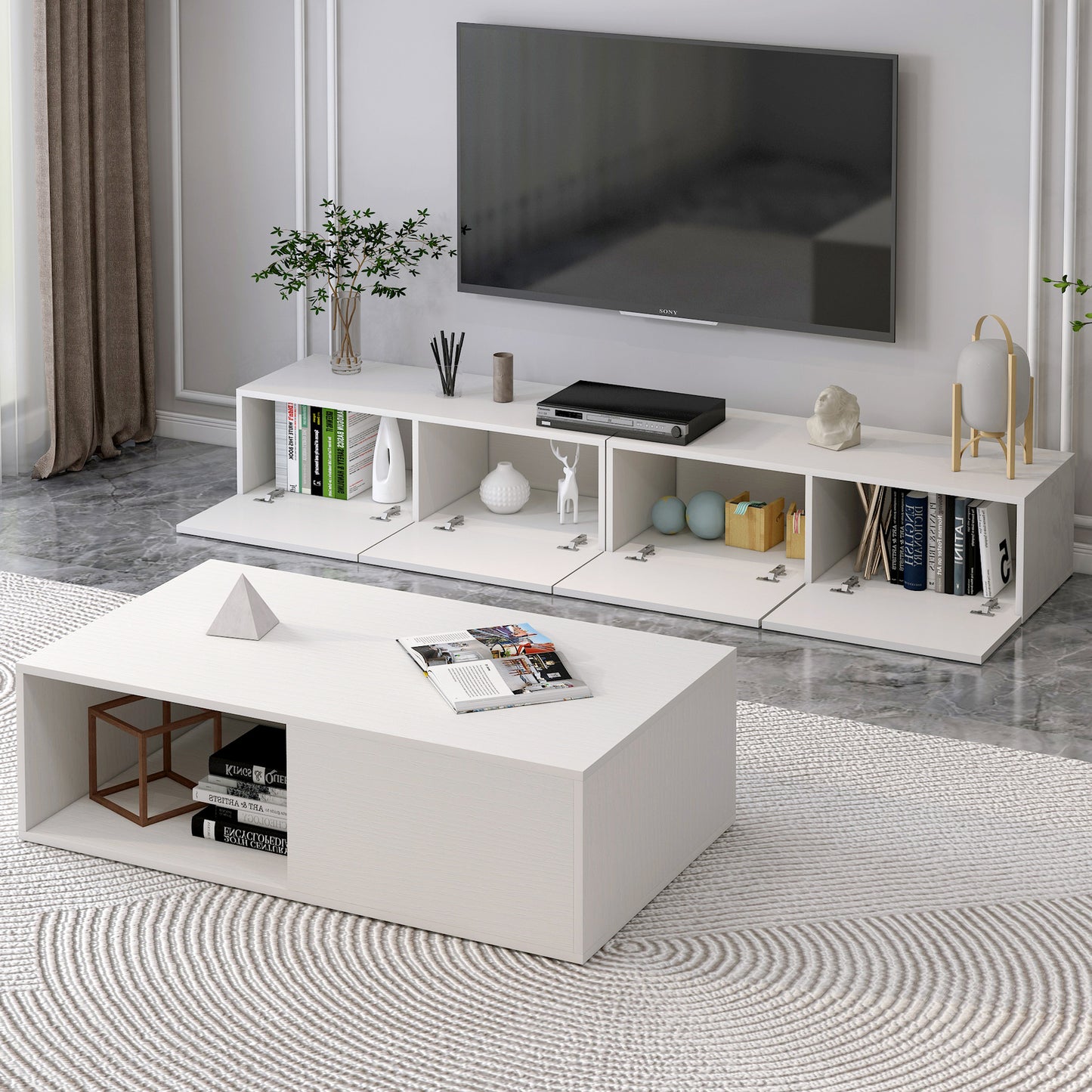 2-Piece Set Lusso Designer Wooden Coffee Table & 2.4m TV Cabinet (White)