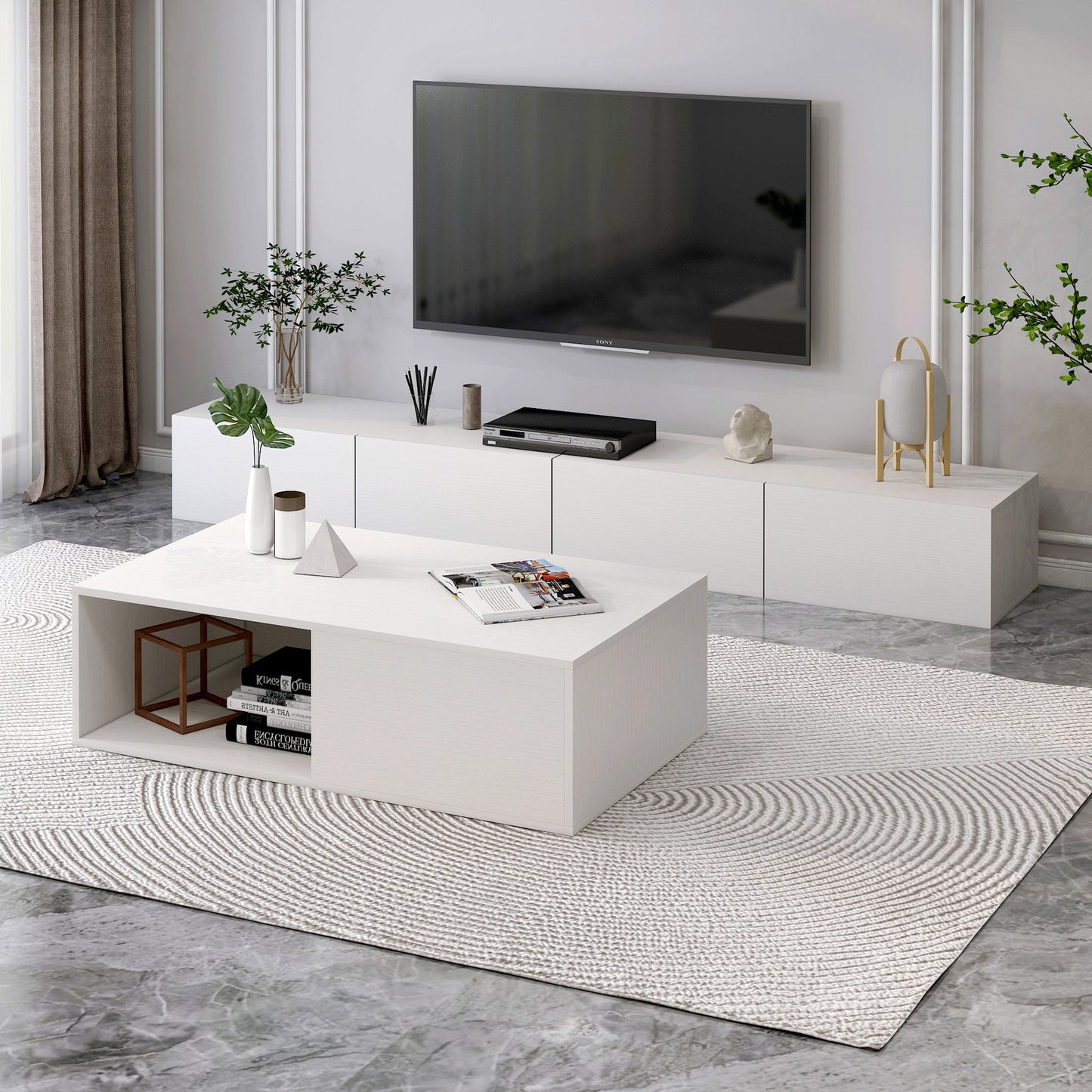 2-Piece Set Lusso Designer Wooden Coffee Table & 2.4m TV Cabinet (White)