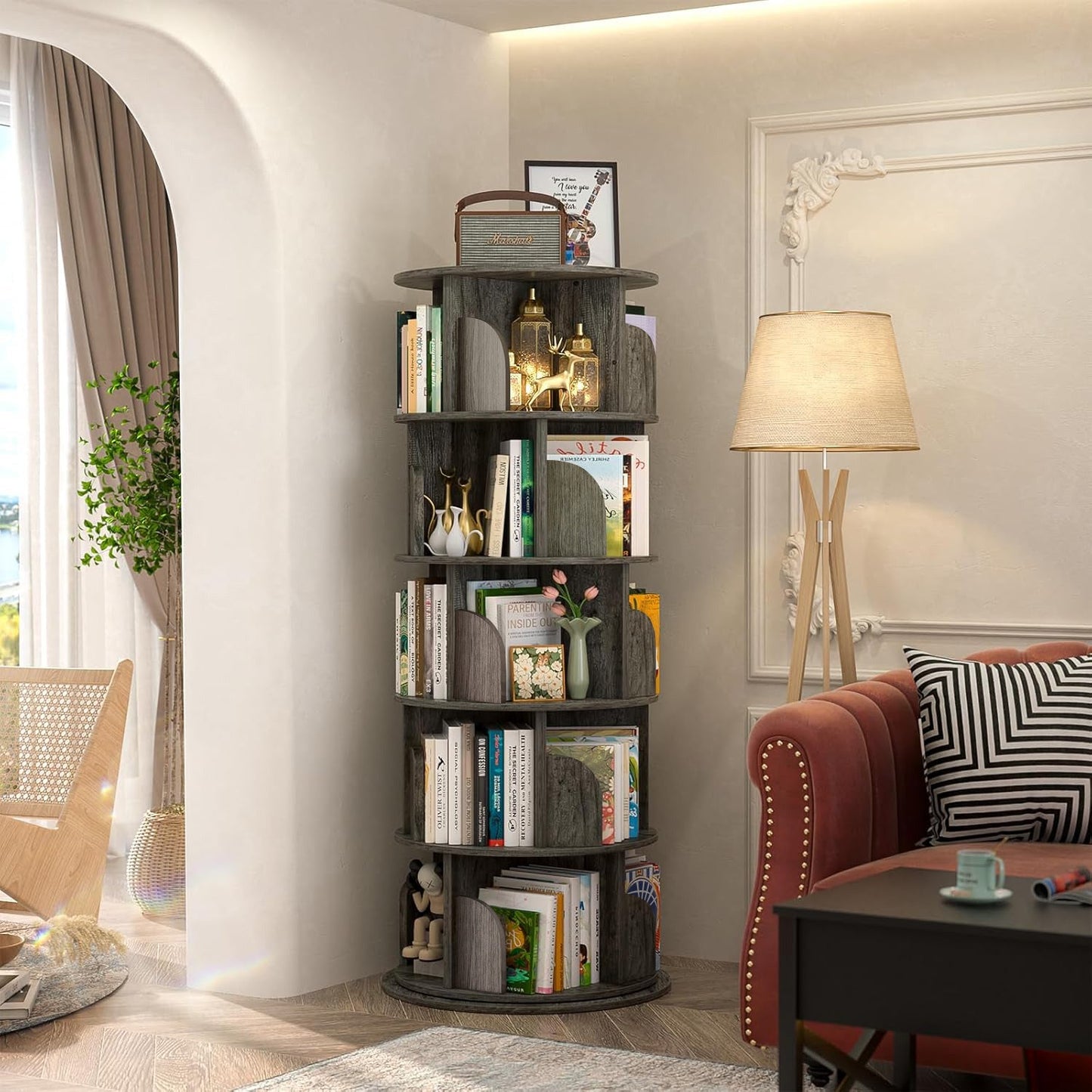 Sanctuary 360-degree Rotating 5 Tier Display Shelf Bookcase Organiser (Driftwood Grey)
