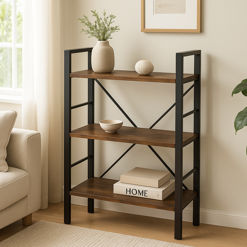Multifunction Bookcase 3 Tier Rustic Wood Steel Storage Shelf Organizer