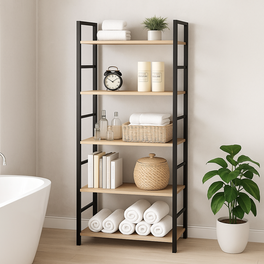5 Tier Multifunction Heavy Duty Bookcase Wood & Steel Storage Shelf Organizer (Coastal Oak)
