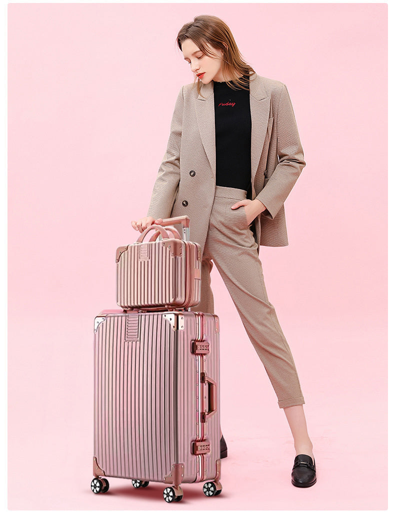 2-Piece Deluxe Aluminum Tough Carry-On Luggage Suitcase Set (Rose Gold)