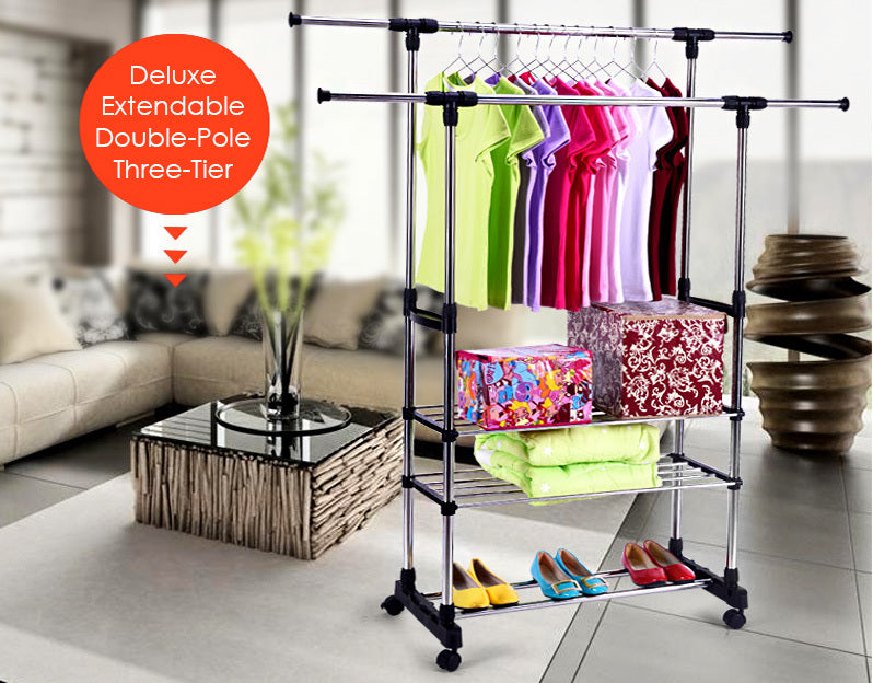 Double 3-Tier Portable Stainless Steel Clothes Shoes Organiser Hanger Rack Garment Dryer