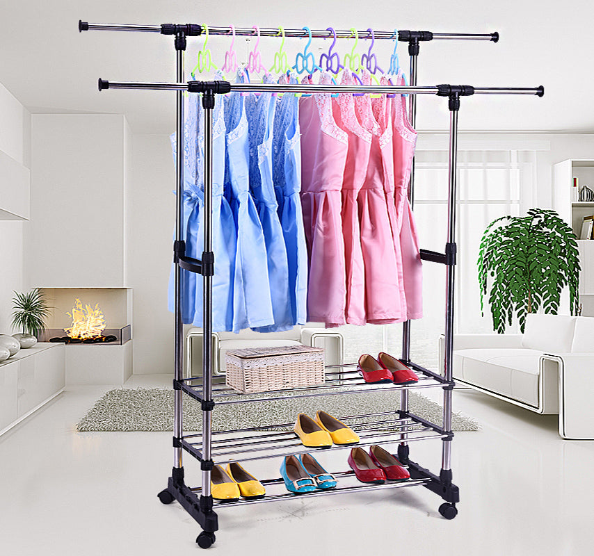 Double 3-Tier Portable Stainless Steel Clothes Shoes Organiser Hanger Rack Garment Dryer