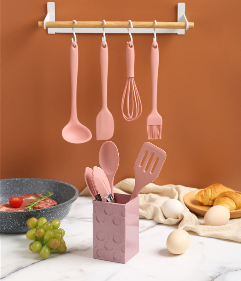 8PC Silicone Kitchen Cooking Utensil Set Non-stick Cookware Tools with Holder (Green)