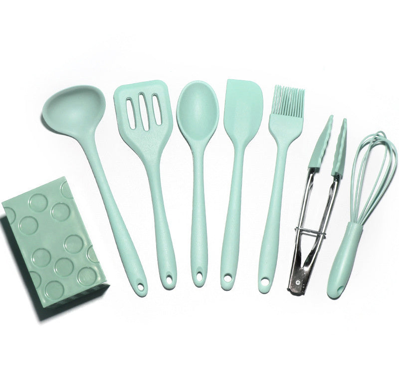 8PC Silicone Kitchen Cooking Utensil Set Non-stick Cookware Tools with Holder (Green)