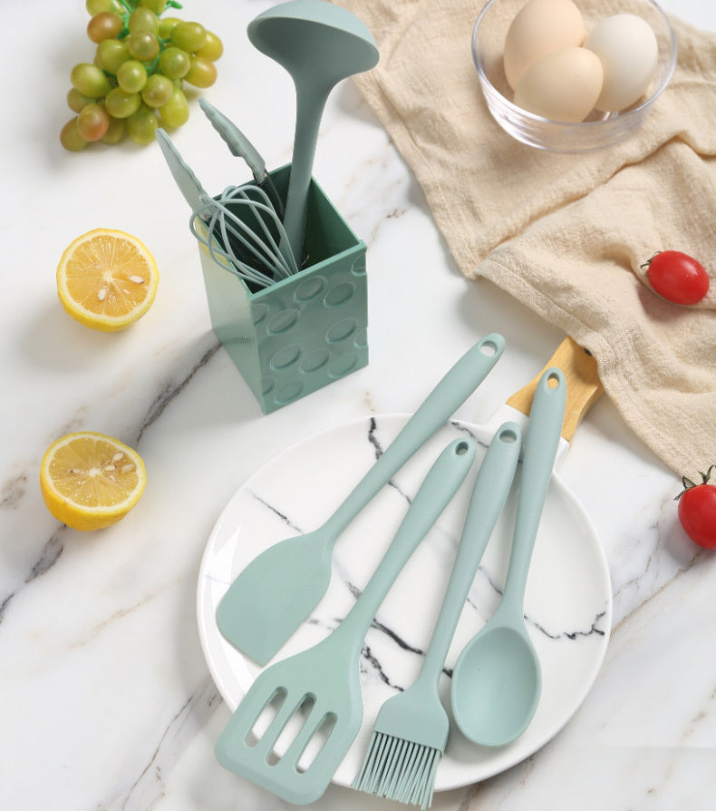 8PC Silicone Kitchen Cooking Utensil Set Non-stick Cookware Tools with Holder (Green)