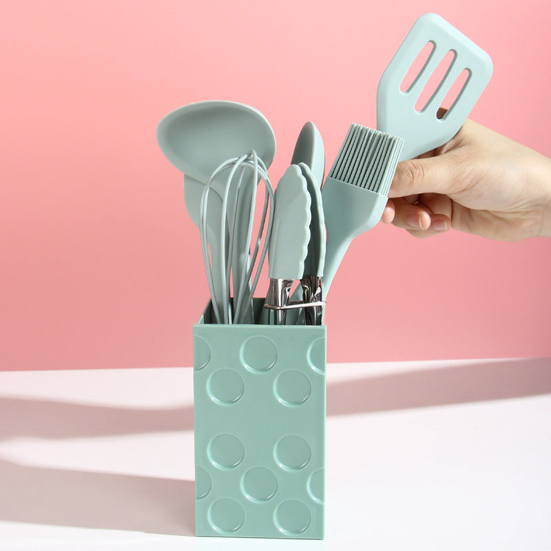 8PC Silicone Kitchen Cooking Utensil Set Non-stick Cookware Tools with Holder (Green)
