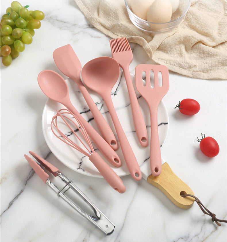 8PC Silicone Kitchen Cooking Utensil Set Non-stick Cookware Tools with Holder (Green)