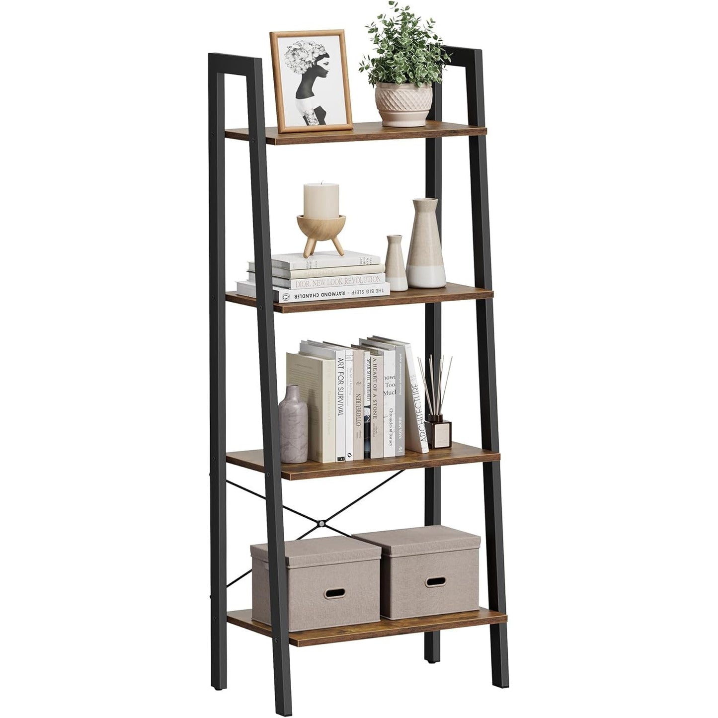 Elevate Rustic Wood & Metal 4-Tier Ladder Shelf Bookcase Storage Organizer