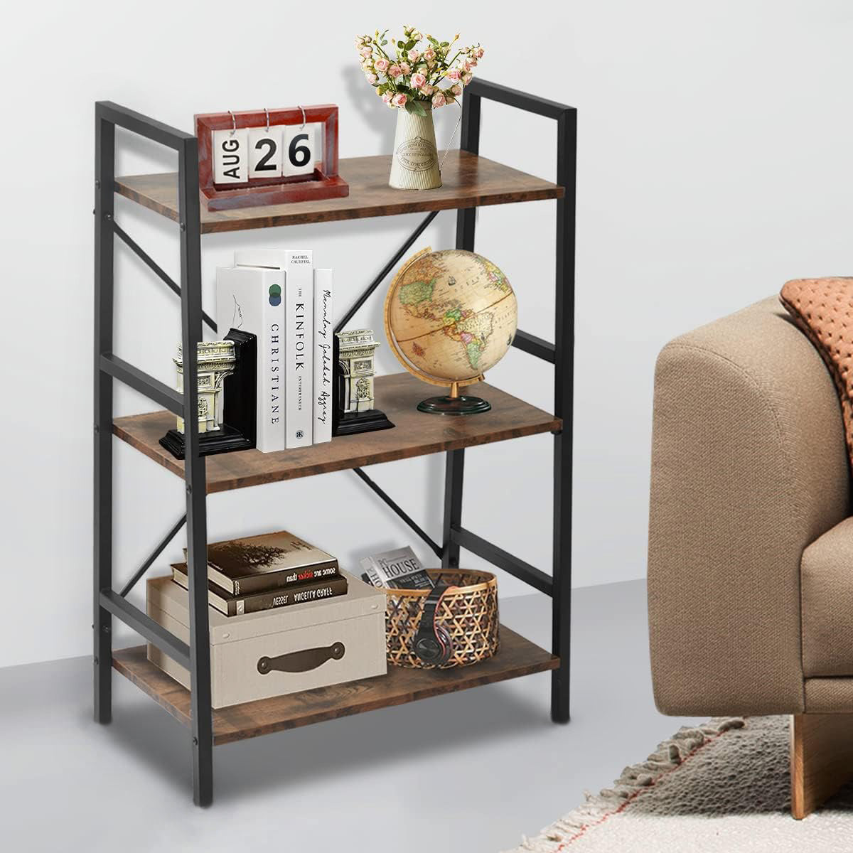 Multifunction Bookcase 3 Tier Rustic Wood Steel Storage Shelf Organizer