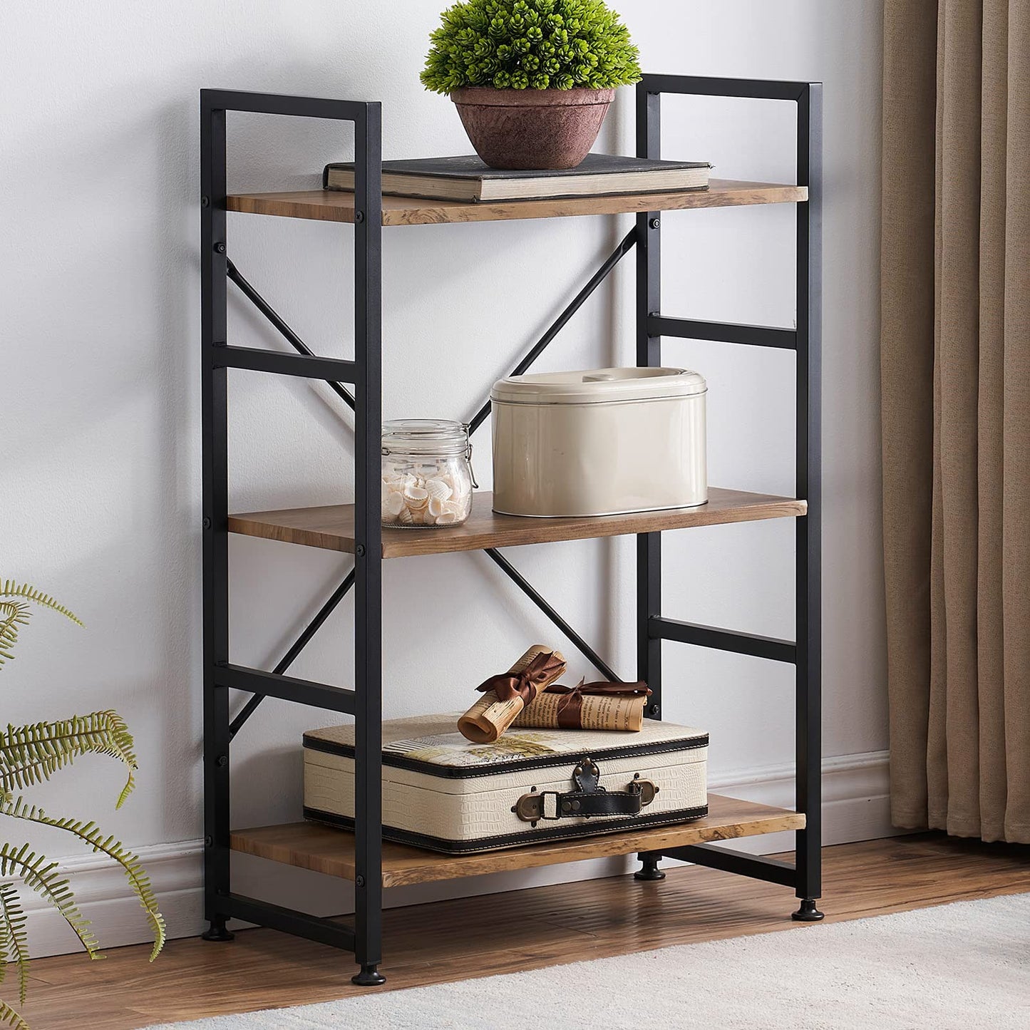 Multifunction Bookcase 3 Tier Rustic Wood Steel Storage Shelf Organizer
