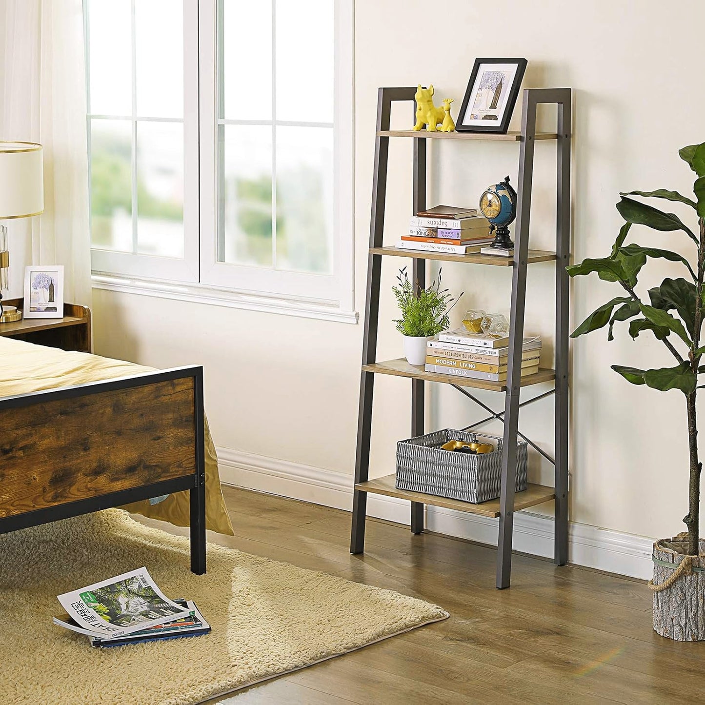 Elevate Rustic Oak 4-Tier Ladder Shelf Wood & Metal Bookcase Storage Organizer