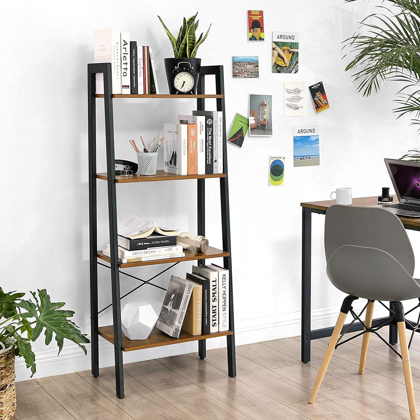 Elevate Rustic Wood & Metal 4-Tier Ladder Shelf Bookcase Storage Organizer