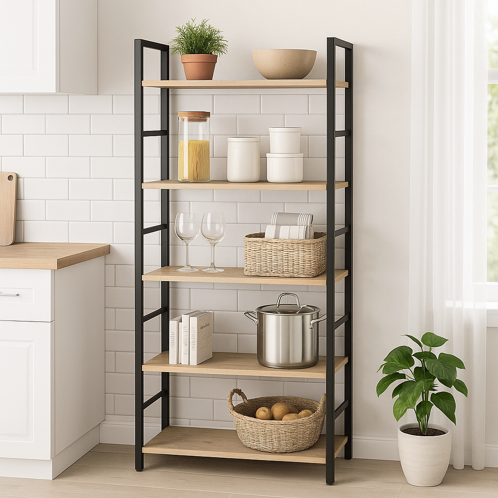 5 Tier Multifunction Heavy Duty Bookcase Wood & Steel Storage Shelf Organizer (Coastal Oak)