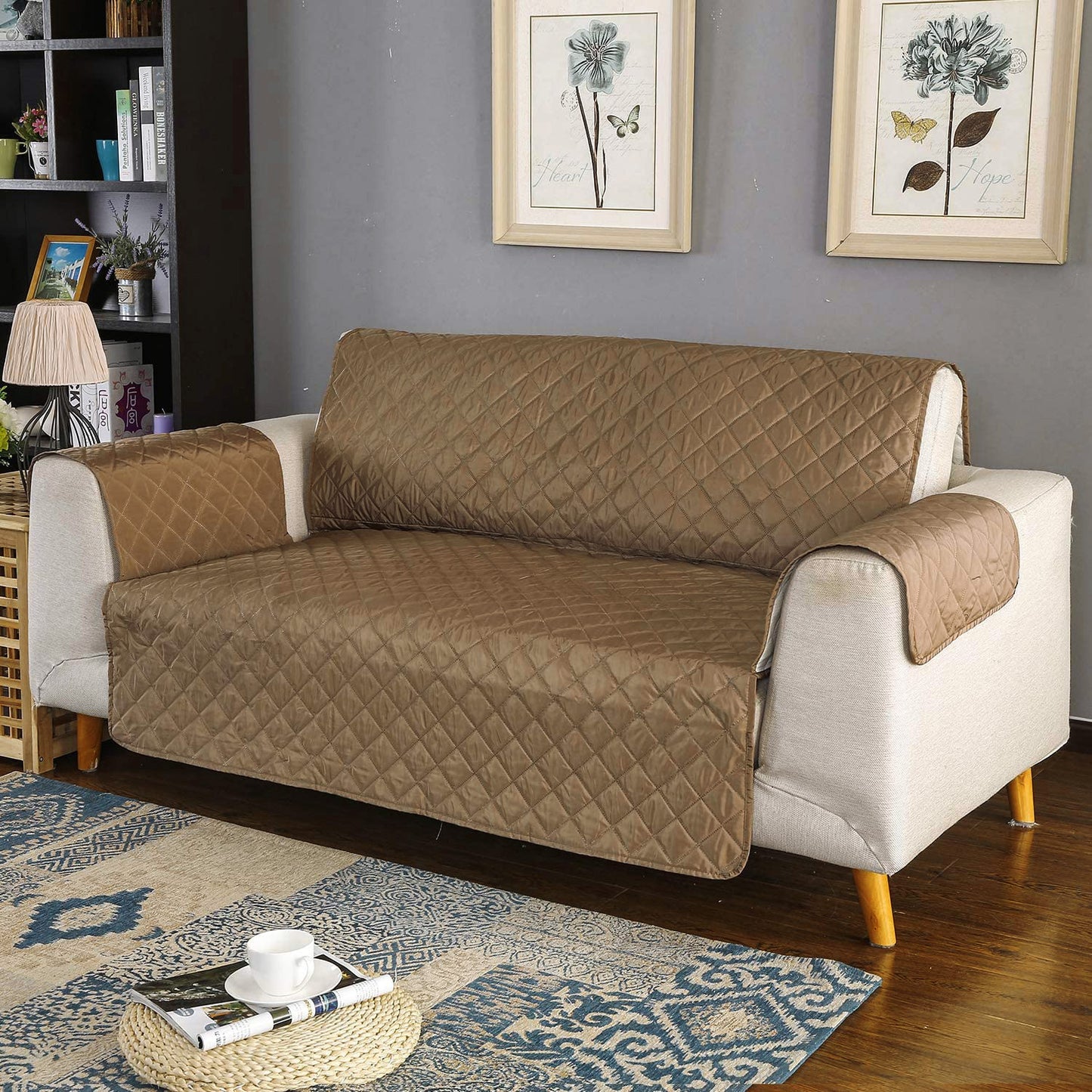 Deluxe 3-Seater Sofa Slipcover Quilted Couch Cover Water Resistant Furniture Protector (Umber)