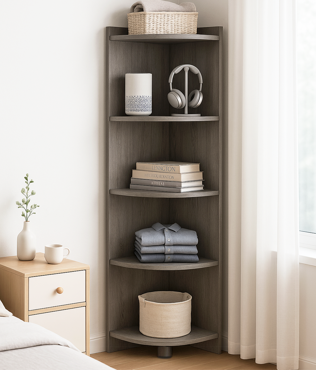 Inspire 5 Tier Stylish Wooden Corner Shelf Unit (Driftwood Grey)