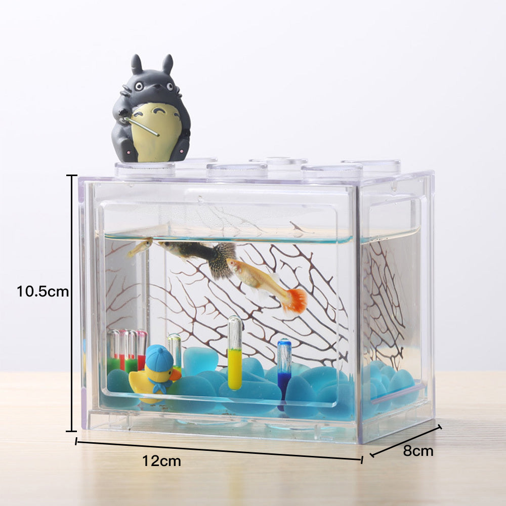 Mini Fish Tank Desktop Building Block Aquarium with LED (White)