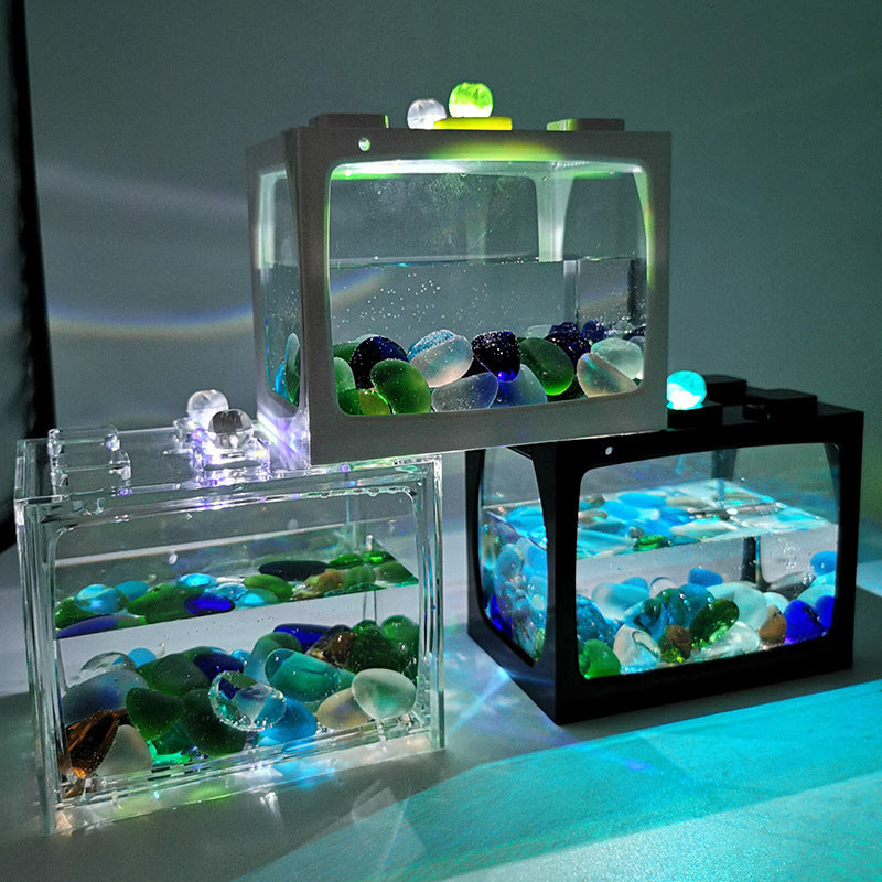 Mini Fish Tank Desktop Building Block Aquarium with LED (White)