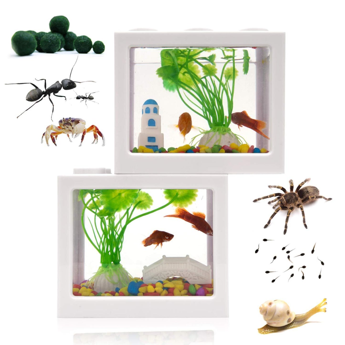 Mini Fish Tank Desktop Building Block Aquarium with LED (White)