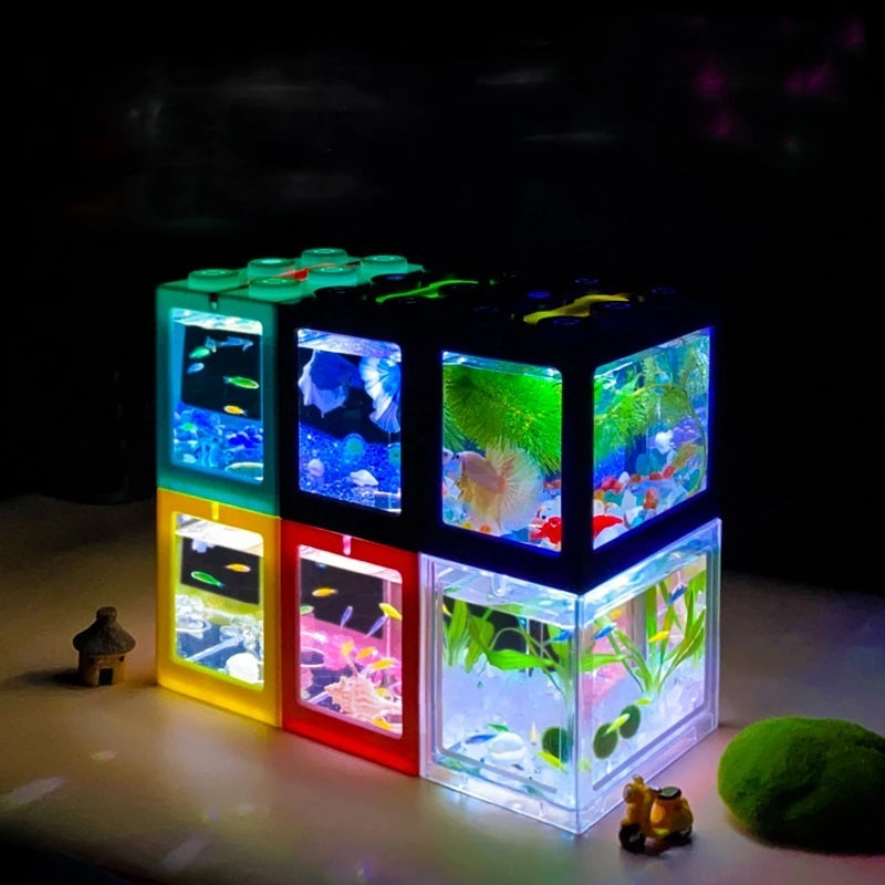 Mini Fish Tank Desktop Building Block Aquarium with LED (White)