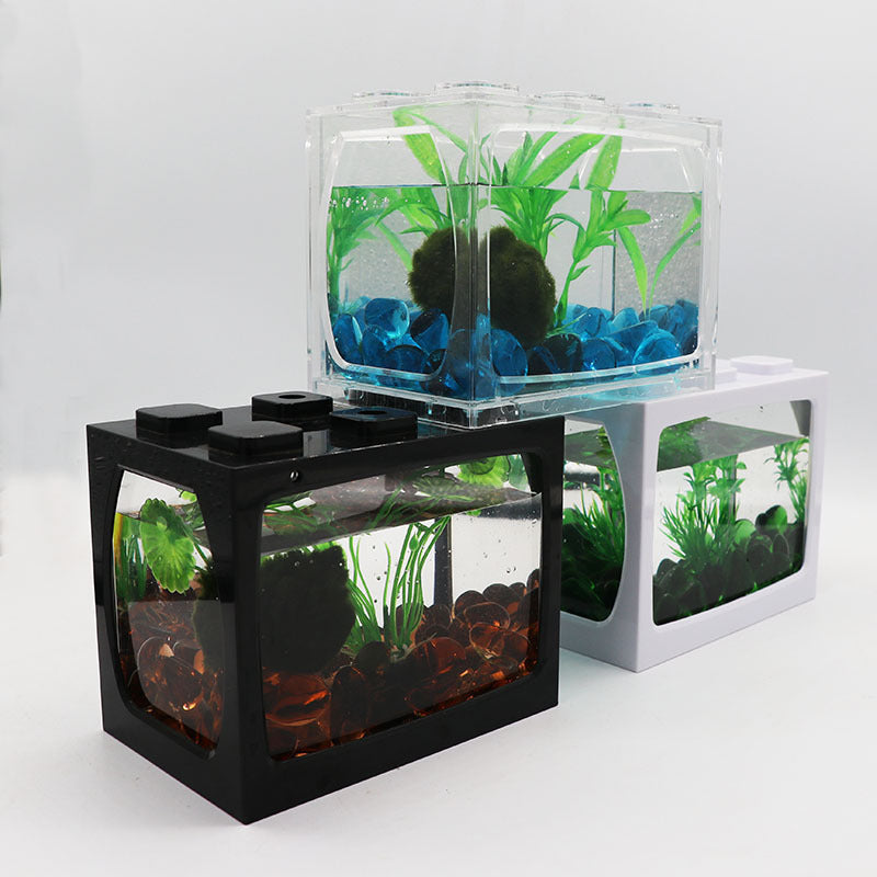 Mini Fish Tank Desktop Building Block Aquarium with LED (White)