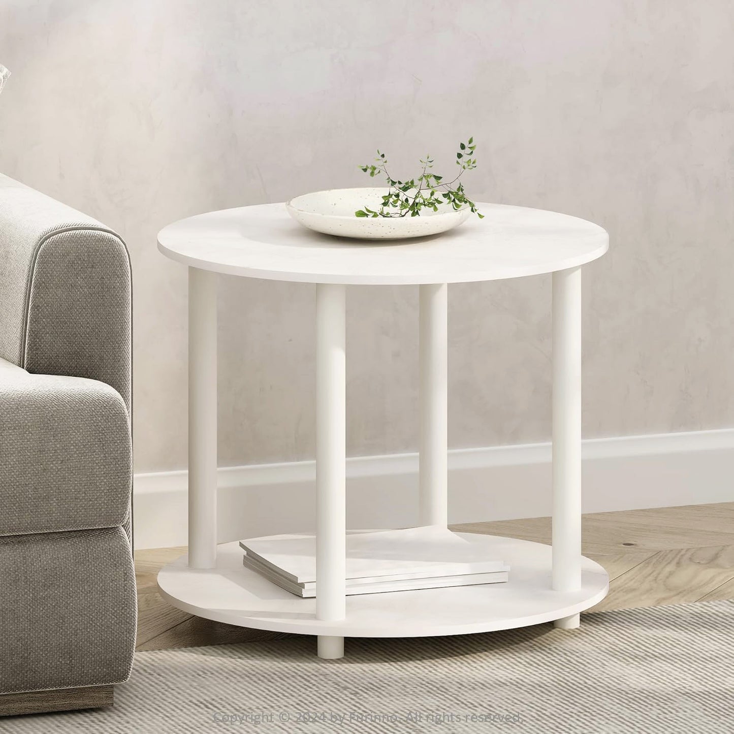 Gem Round White Wood Metal Round End Coffee Table with Storage Shelf