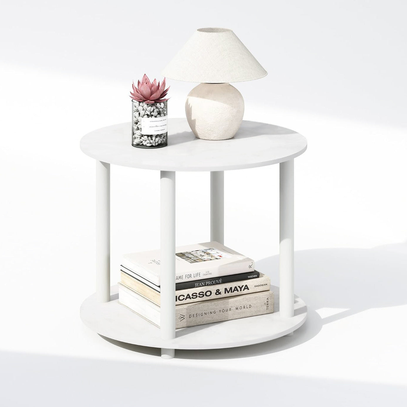 Gem Round White Wood Metal Round End Coffee Table with Storage Shelf