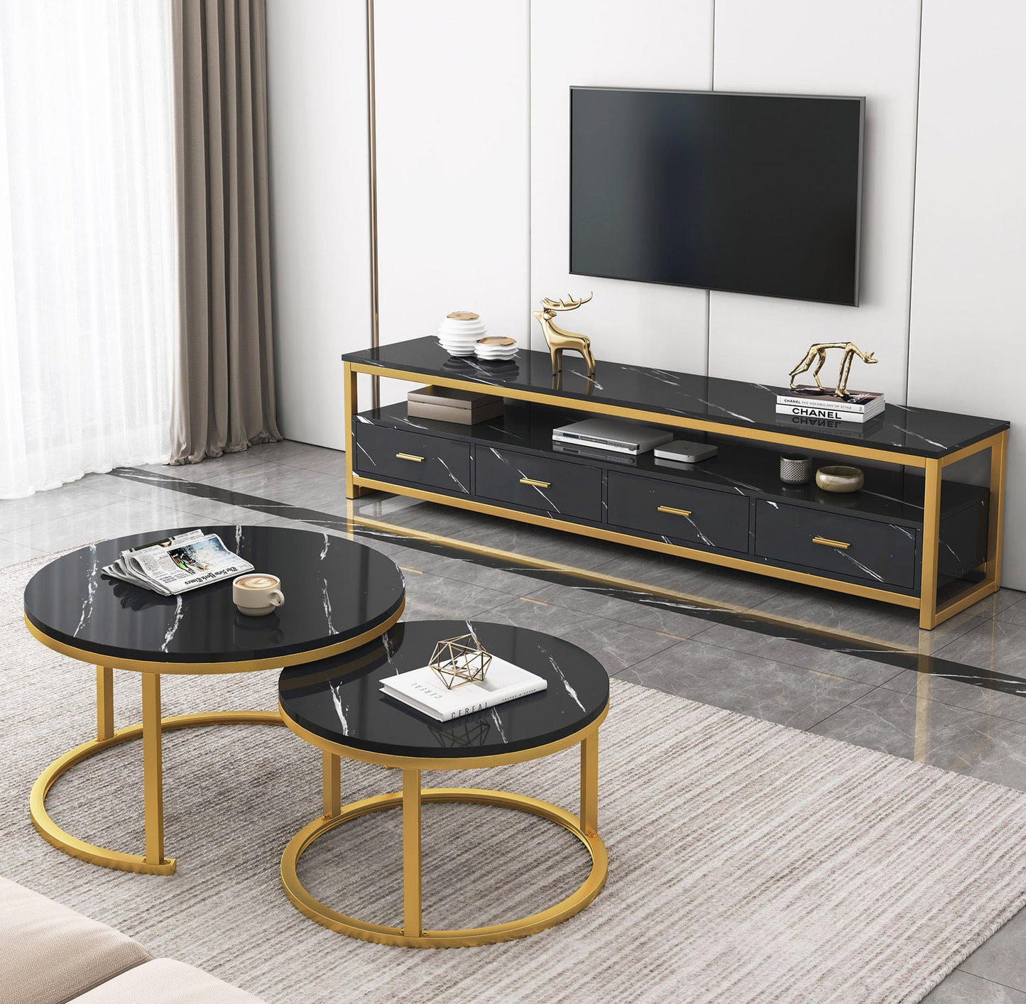 Synergy 2 In 1 Lush Marble Look Designer Coffee Table (Black)