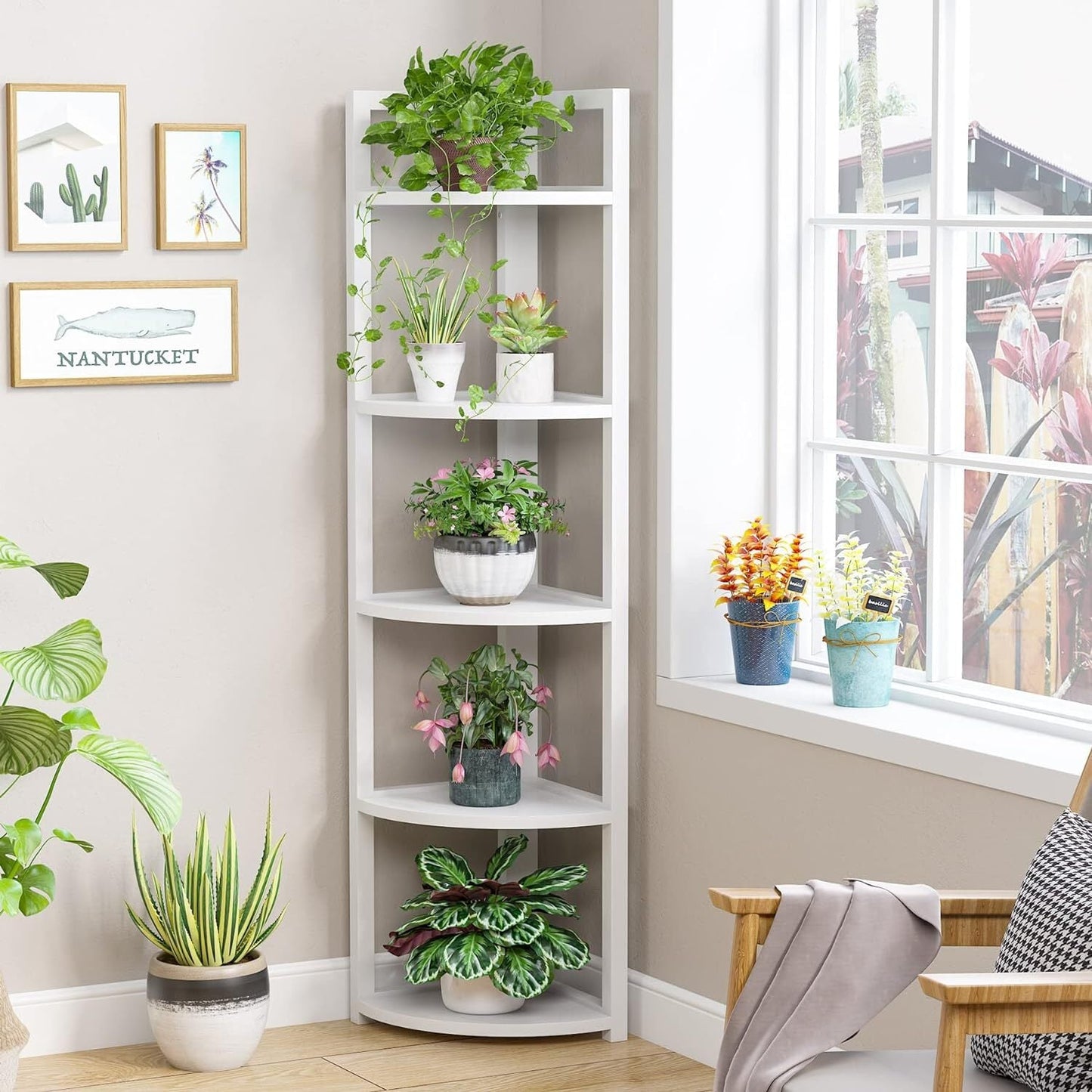 Optima 5 Tier Wood & Steel Corner Shelf Organizer Unit (White)