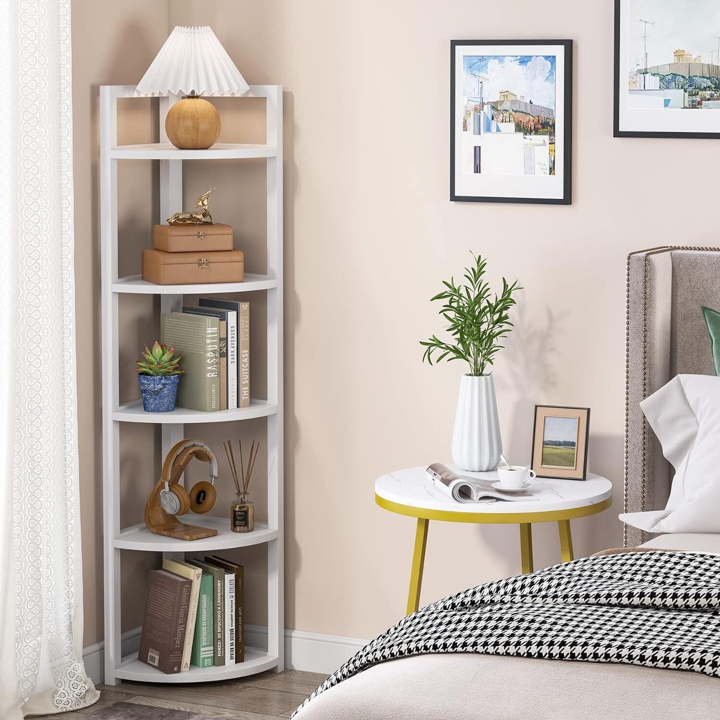 Optima 5 Tier Wood & Steel Corner Shelf Organizer Unit (White)