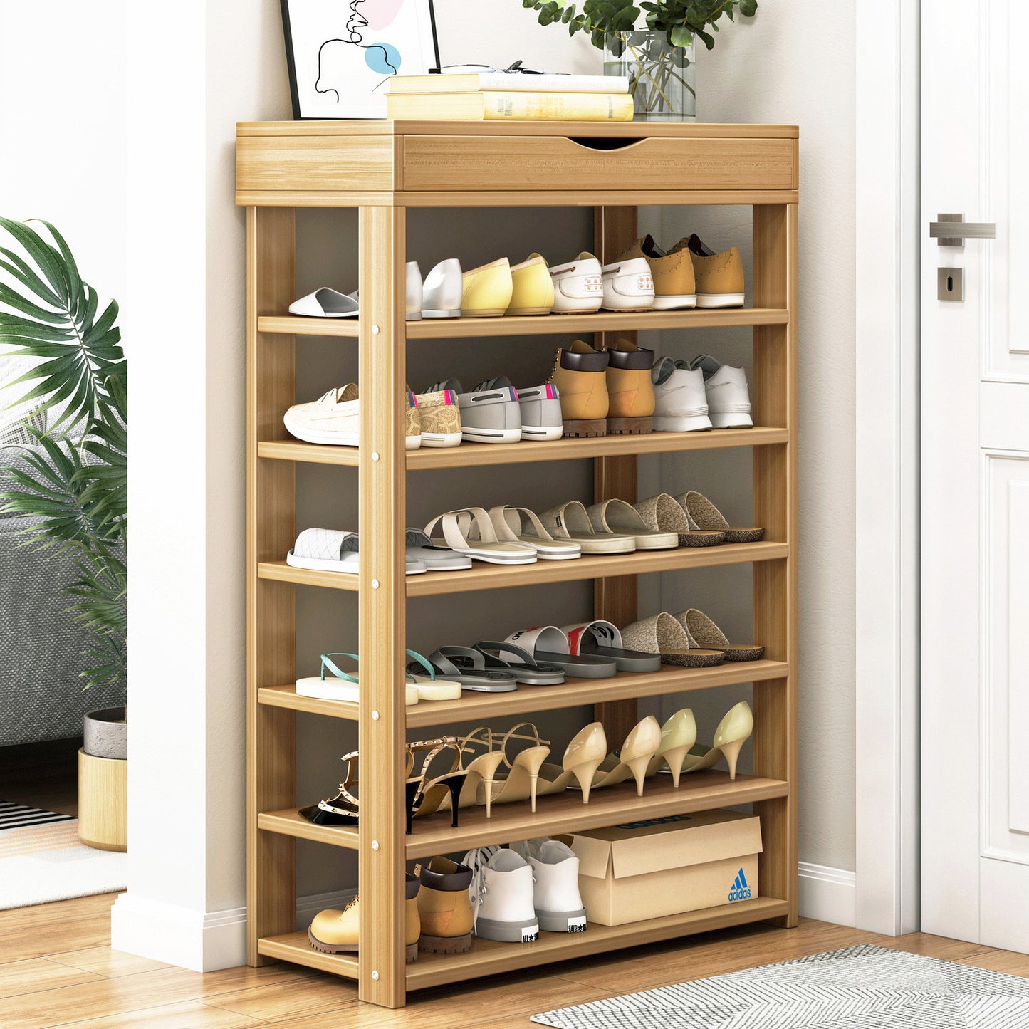 Fiesta 7 Tier Extra Spacious Wooden Shoe Rack Organizer Shelf Cabinet (Natural Oak)
