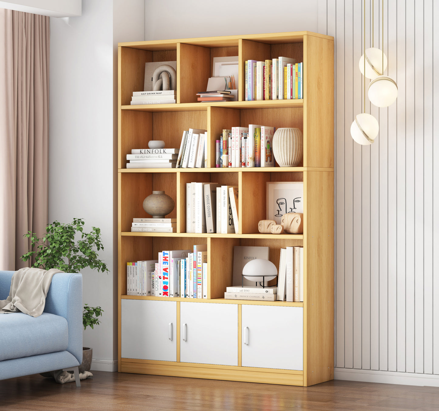 Alpha 10-Shelf 3-Door Wardrobe Cupboard Bookshelf Cabinet (Rustic Wood)