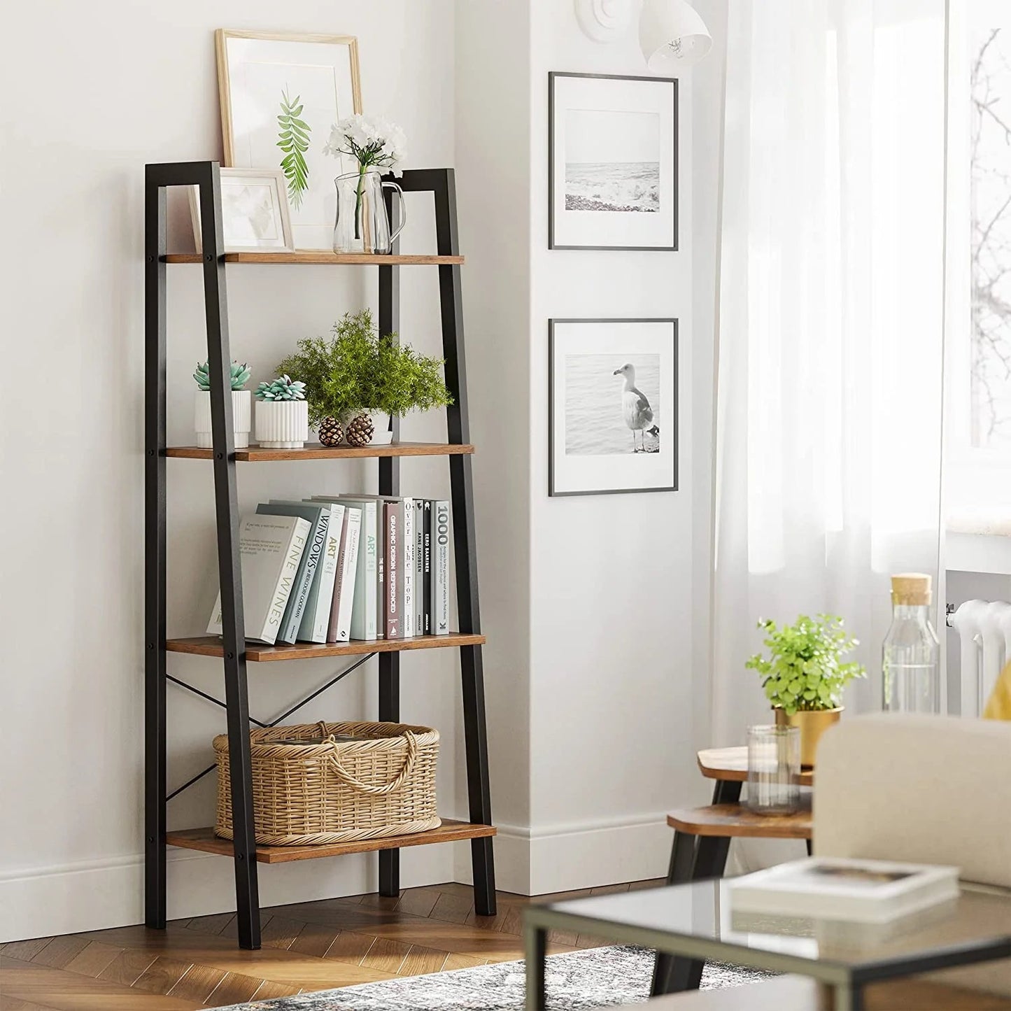 Elevate Rustic Wood & Metal 4-Tier Ladder Shelf Bookcase Storage Organizer