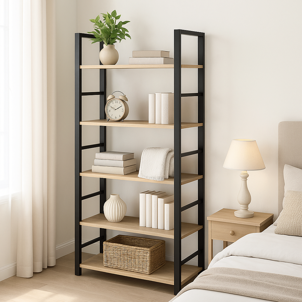 5 Tier Multifunction Heavy Duty Bookcase Wood & Steel Storage Shelf Organizer (Coastal Oak)