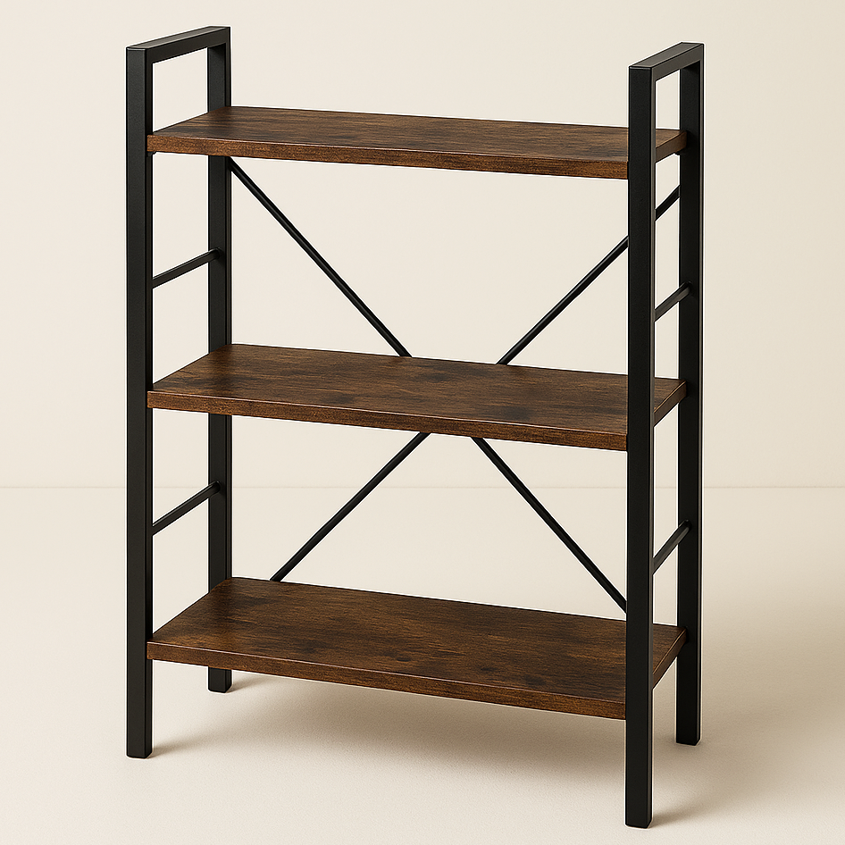 Multifunction Bookcase 3 Tier Rustic Wood Steel Storage Shelf Organizer