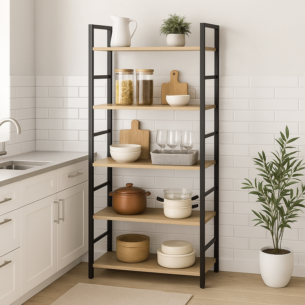 5 Tier Multifunction Heavy Duty Bookcase Wood & Steel Storage Shelf Organizer (Coastal Oak)