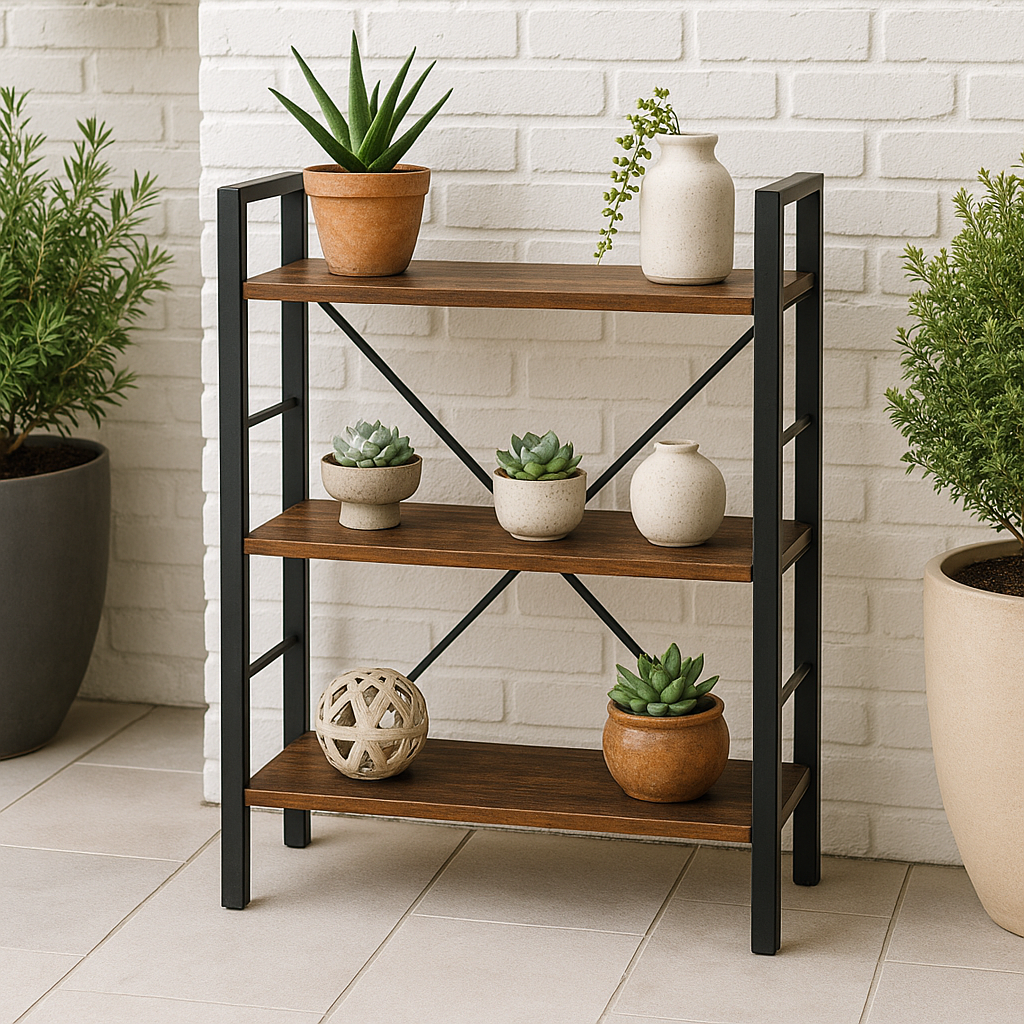 Multifunction Bookcase 3 Tier Rustic Wood Steel Storage Shelf Organizer