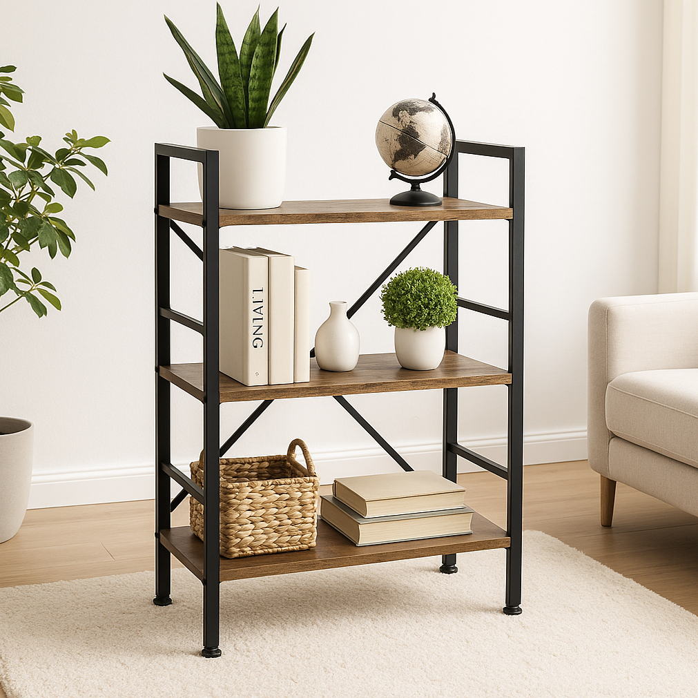 Multifunction Bookcase 3 Tier Rustic Wood Steel Storage Shelf Organizer