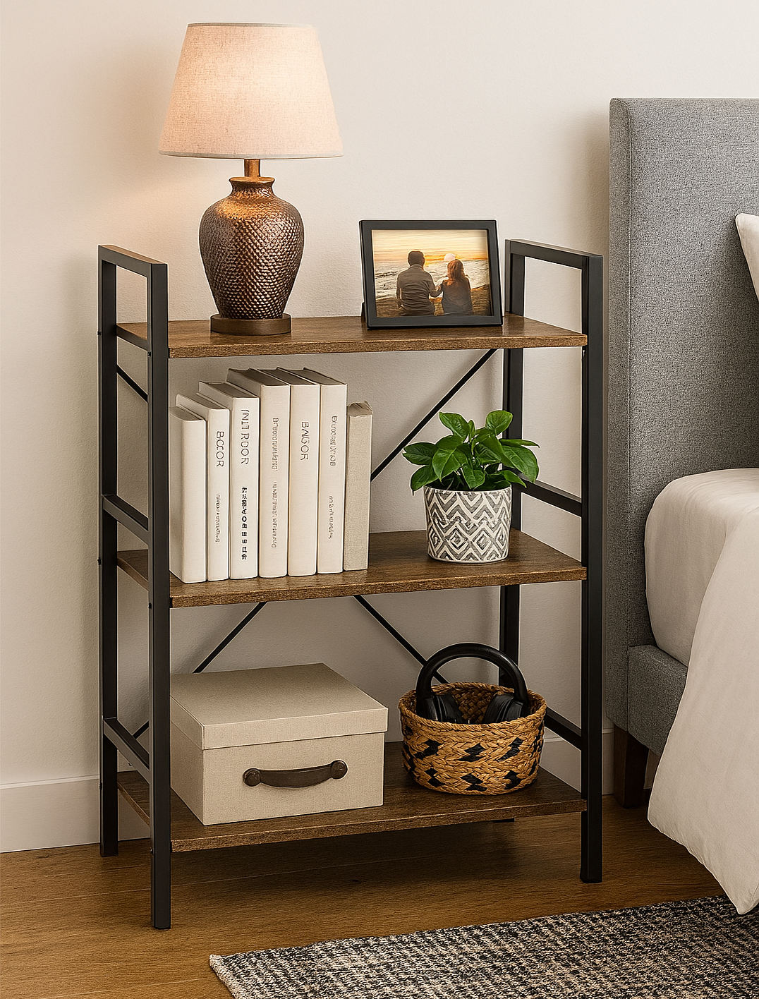 Multifunction Bookcase 3 Tier Rustic Wood Steel Storage Shelf Organizer