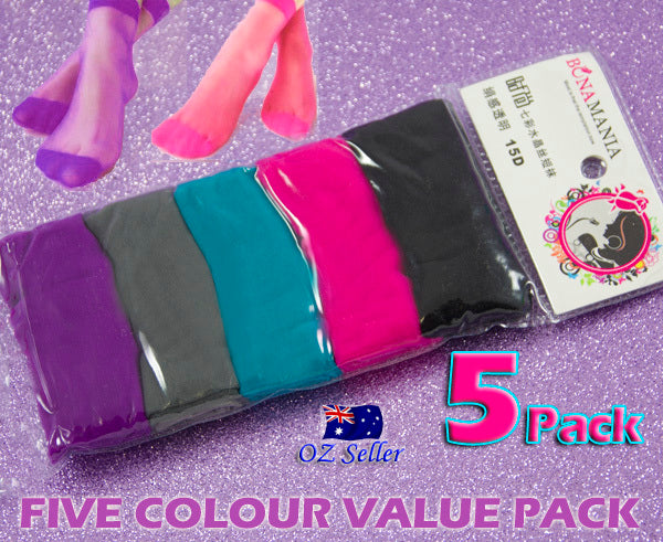 5 PK Ladies Girl Colourful Ankle Nylon Sheer Stocking Socks