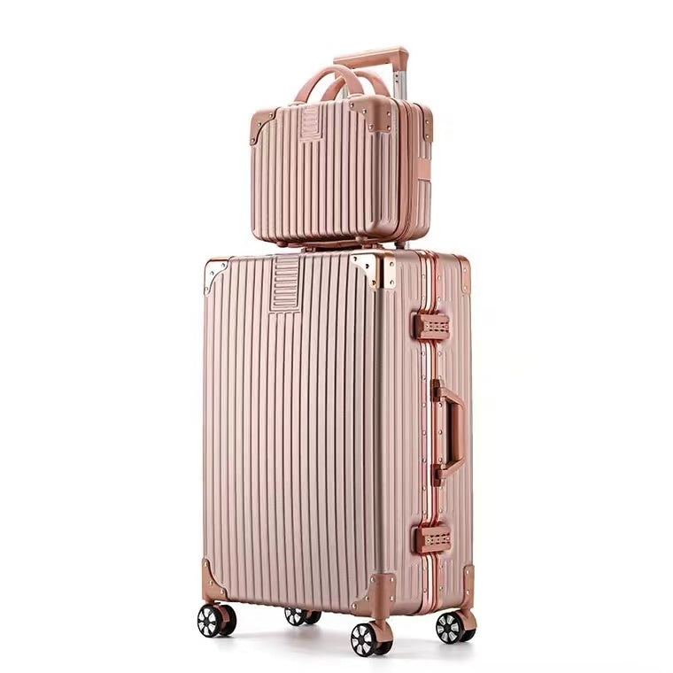 2-Piece Deluxe Aluminum Tough Carry-On Luggage Suitcase Set (Rose Gold)