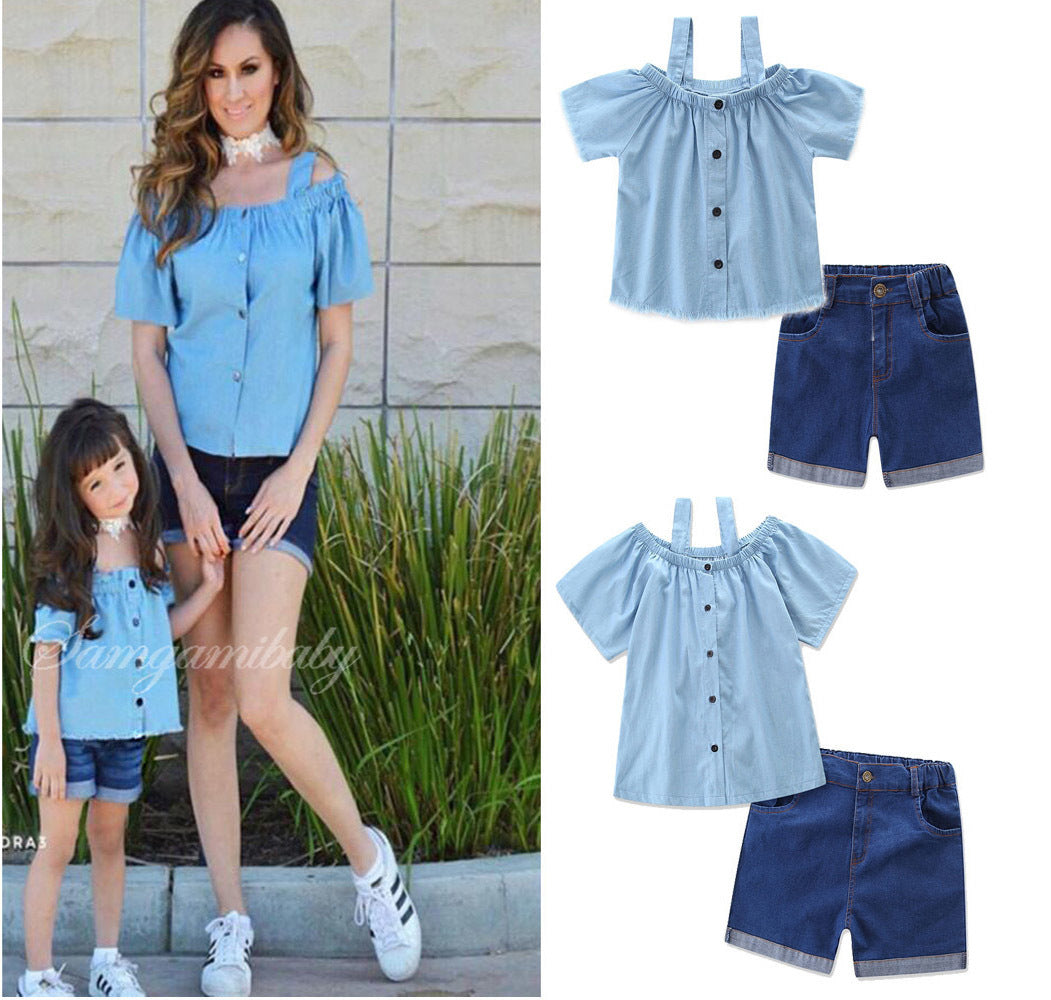 Mother Daughter Matching Outfits (Cold Shoulder Top & Denim Shorts)
